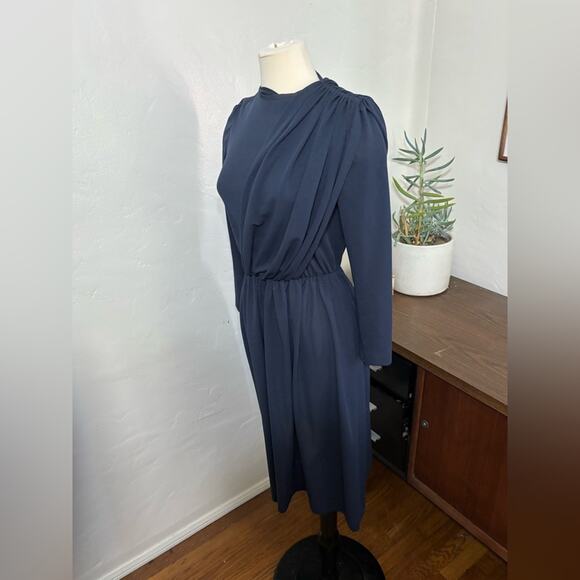 Vintage 80s DW3 Navy Drapped Cocktail Disco Dress size 6 - Picture 1 of 7